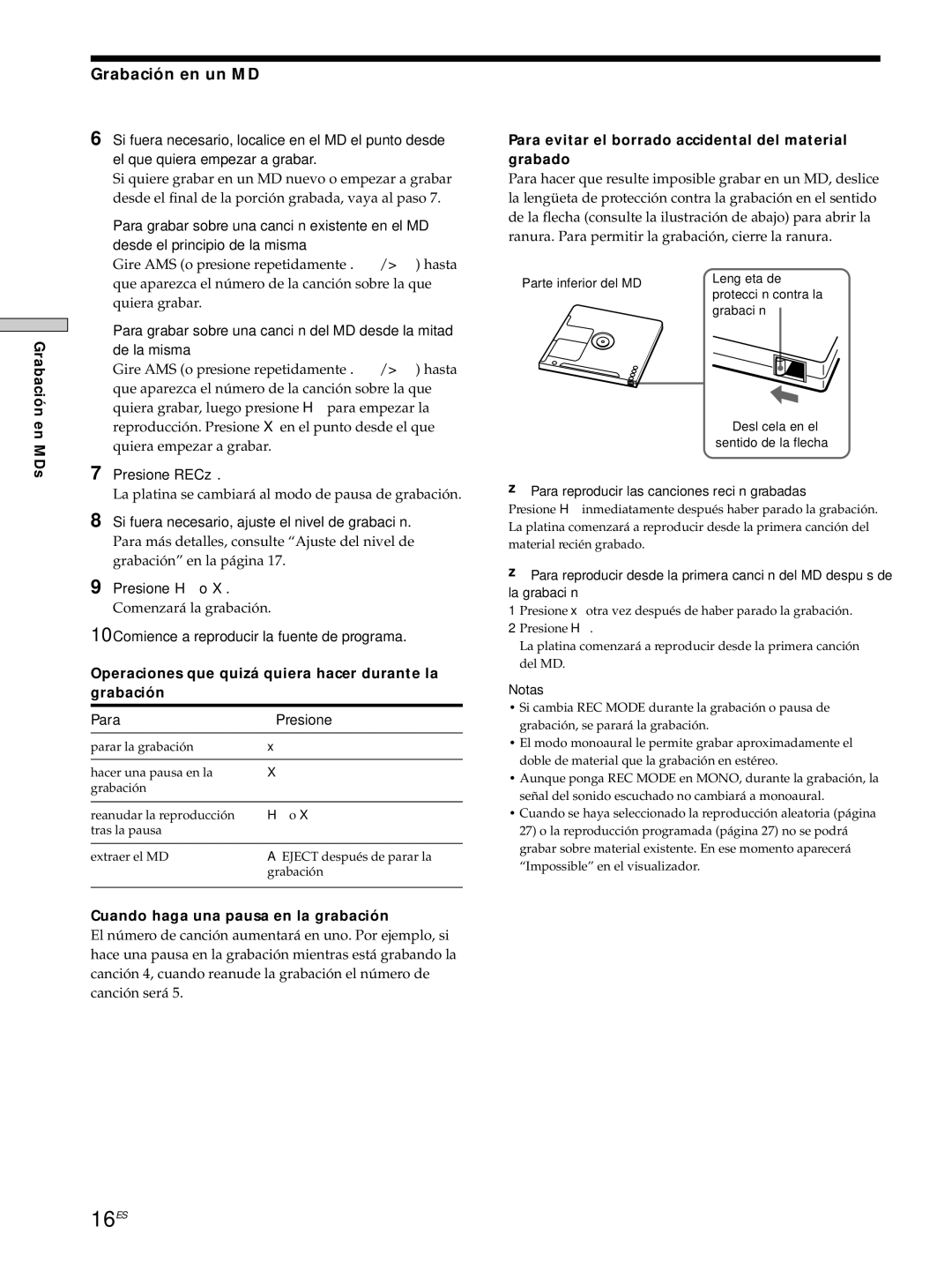 Sony MDS-JE530 manual 16ES, Grabación en un MD 