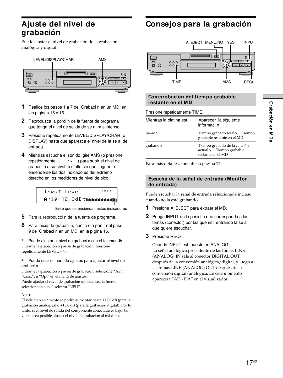 Sony MDS-JE530 manual Ajuste del nivel de grabación, Consejos para la grabación, 17ES 