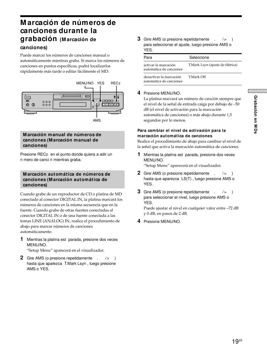 Sony MDS-JE530 manual Marcación de números de canciones durante la, 19ES, Grabación Marcación de Canciones 