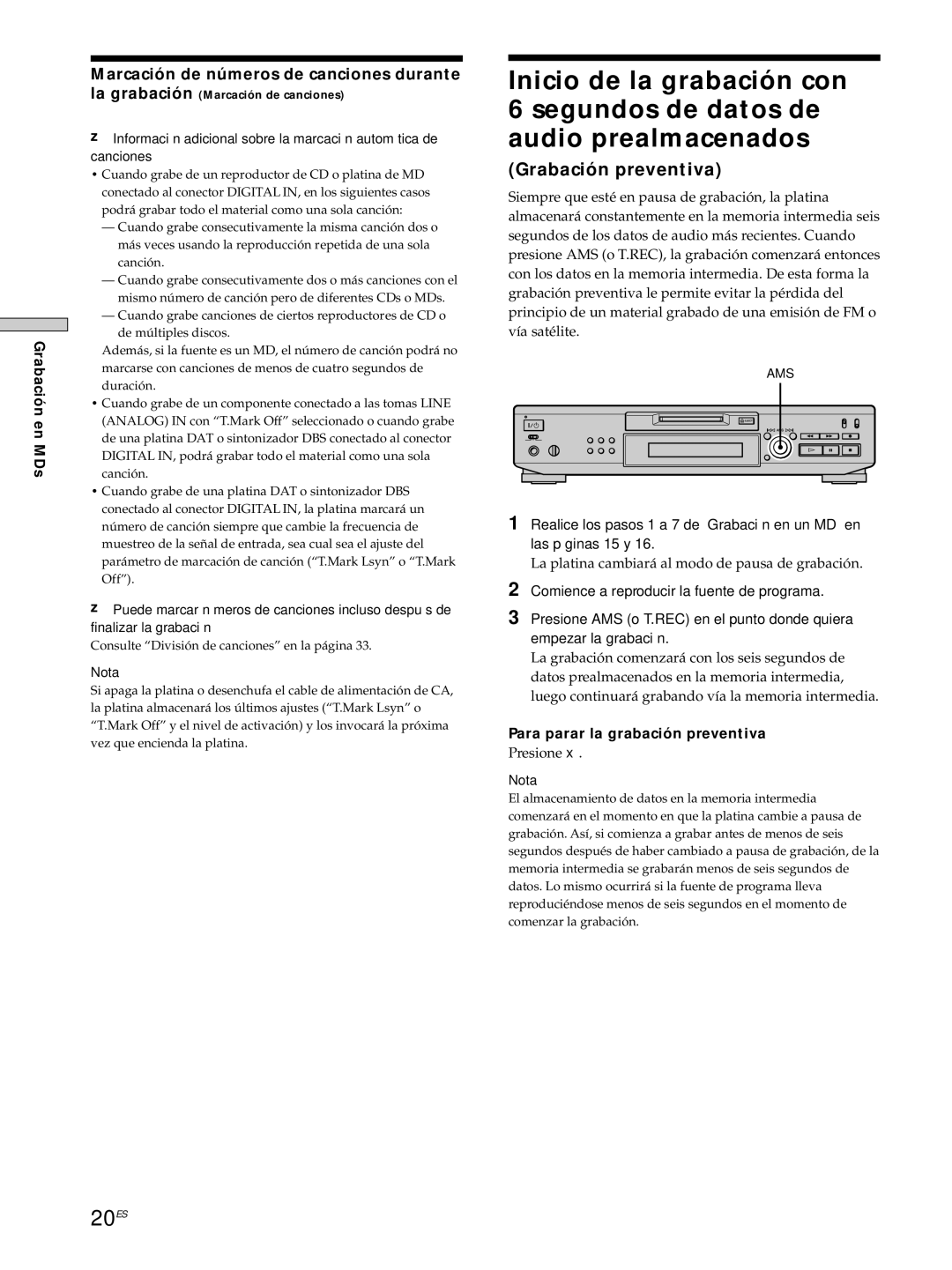 Sony MDS-JE530 manual 20ES, Grabación preventiva, Marcación de números de canciones durante la grabación 