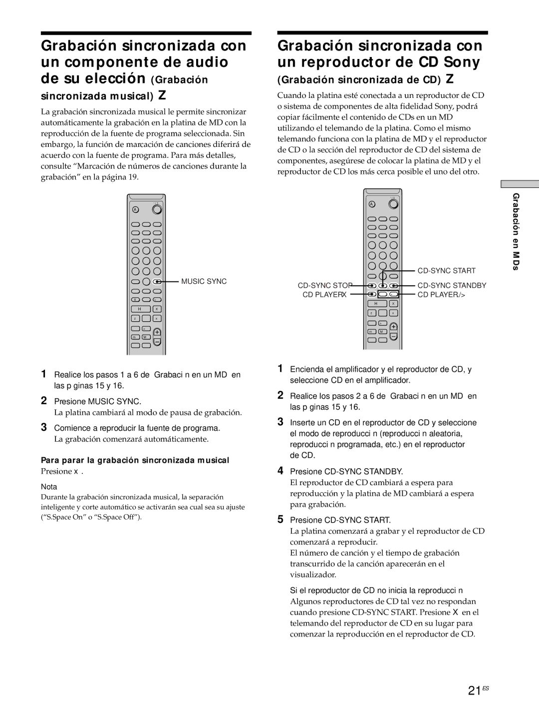 Sony MDS-JE530 manual Grabación sincronizada con un reproductor de CD Sony, 21ES, Sincronizada musical Z 
