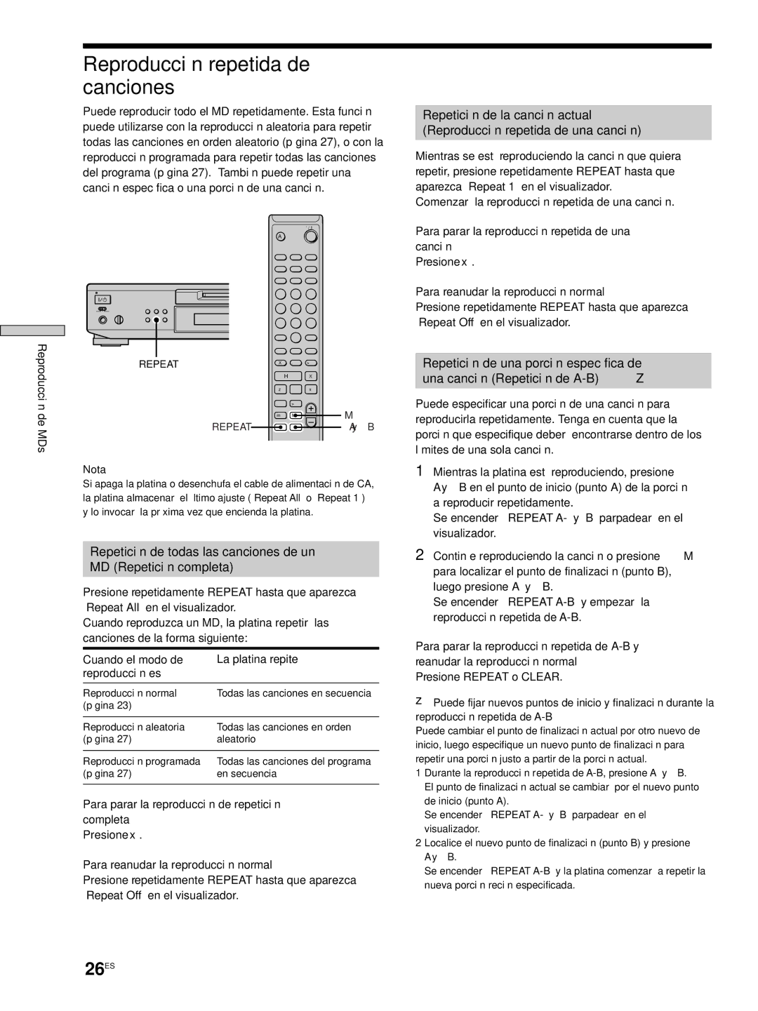 Sony MDS-JE530 manual Reproducción repetida de canciones, 26ES 