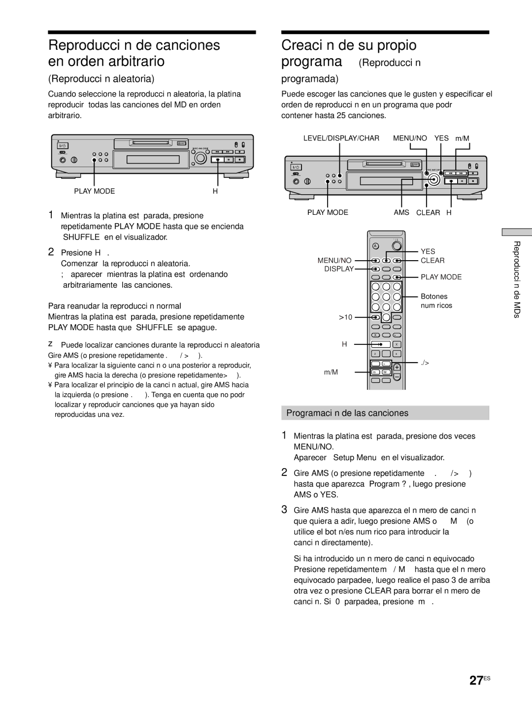 Sony MDS-JE530 manual 27ES, Programa Reproducción, Reproducción aleatoria Programada, Programación de las canciones 