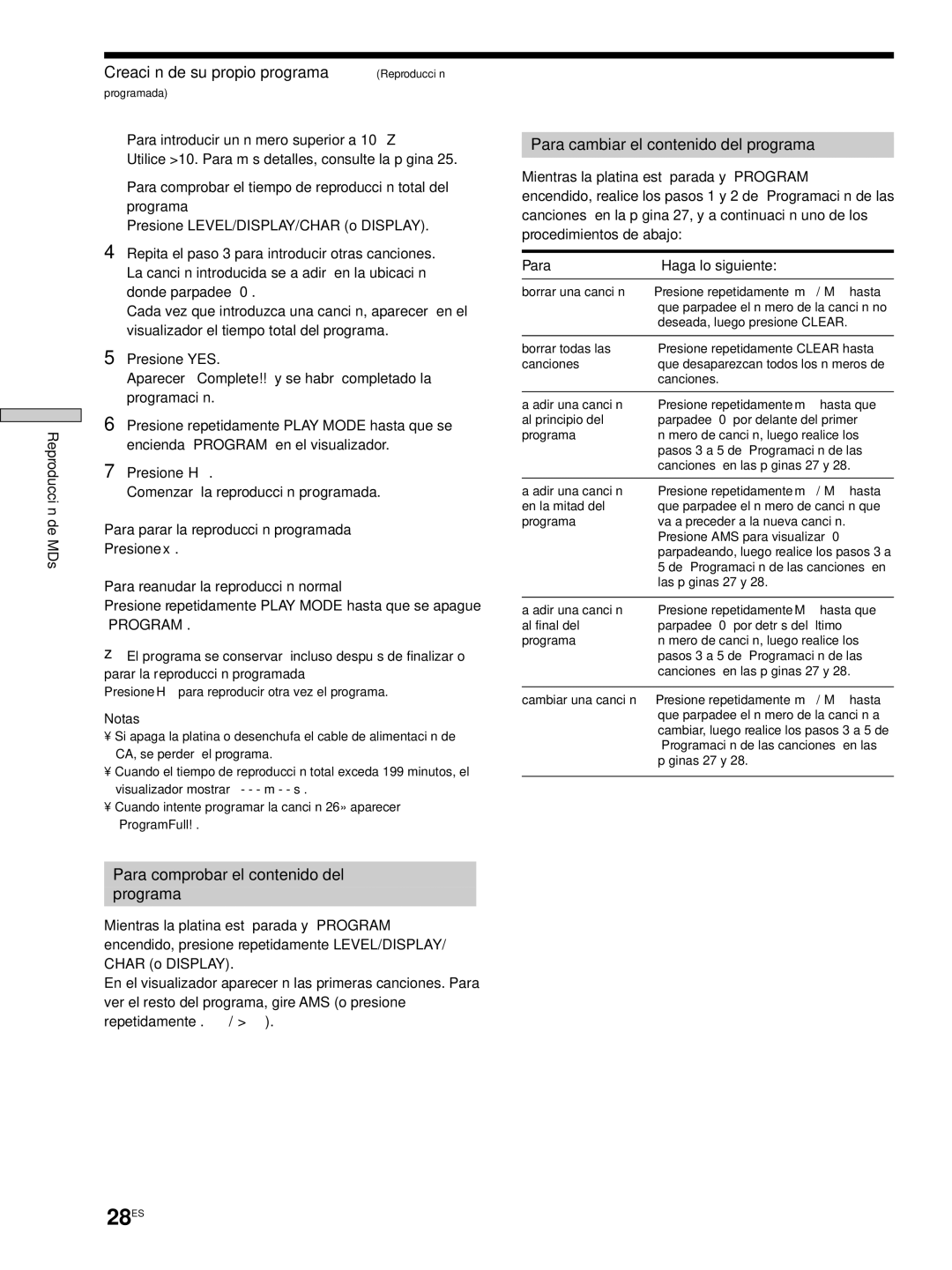 Sony MDS-JE530 manual 28ES, Creación de su propio programa Reproducción, Para comprobar el contenido del Programa 