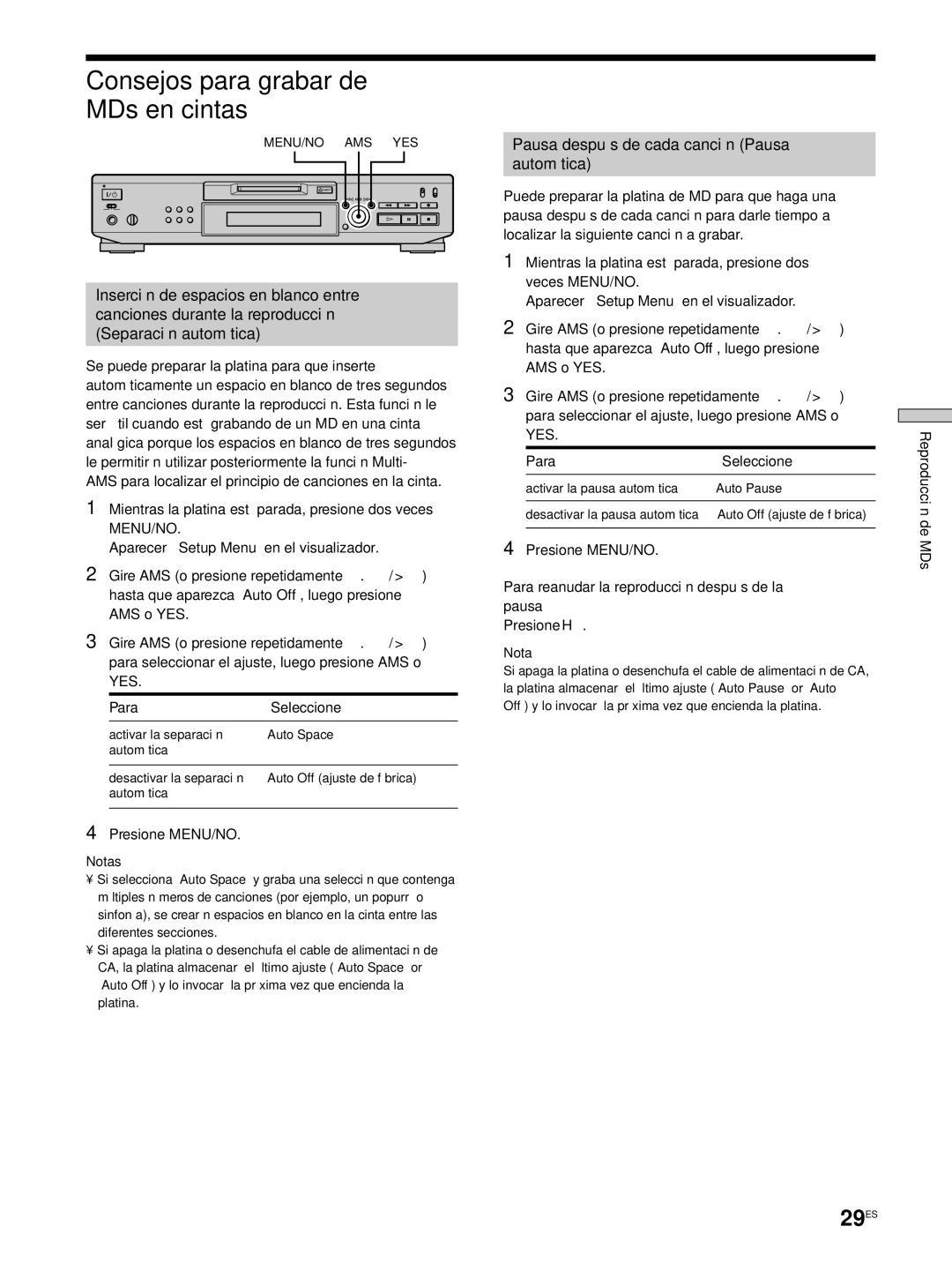 Sony MDS-JE530 Consejos para grabar de MDs en cintas, 29ES, Pausa después de cada canción Pausa Automática, Presione H 