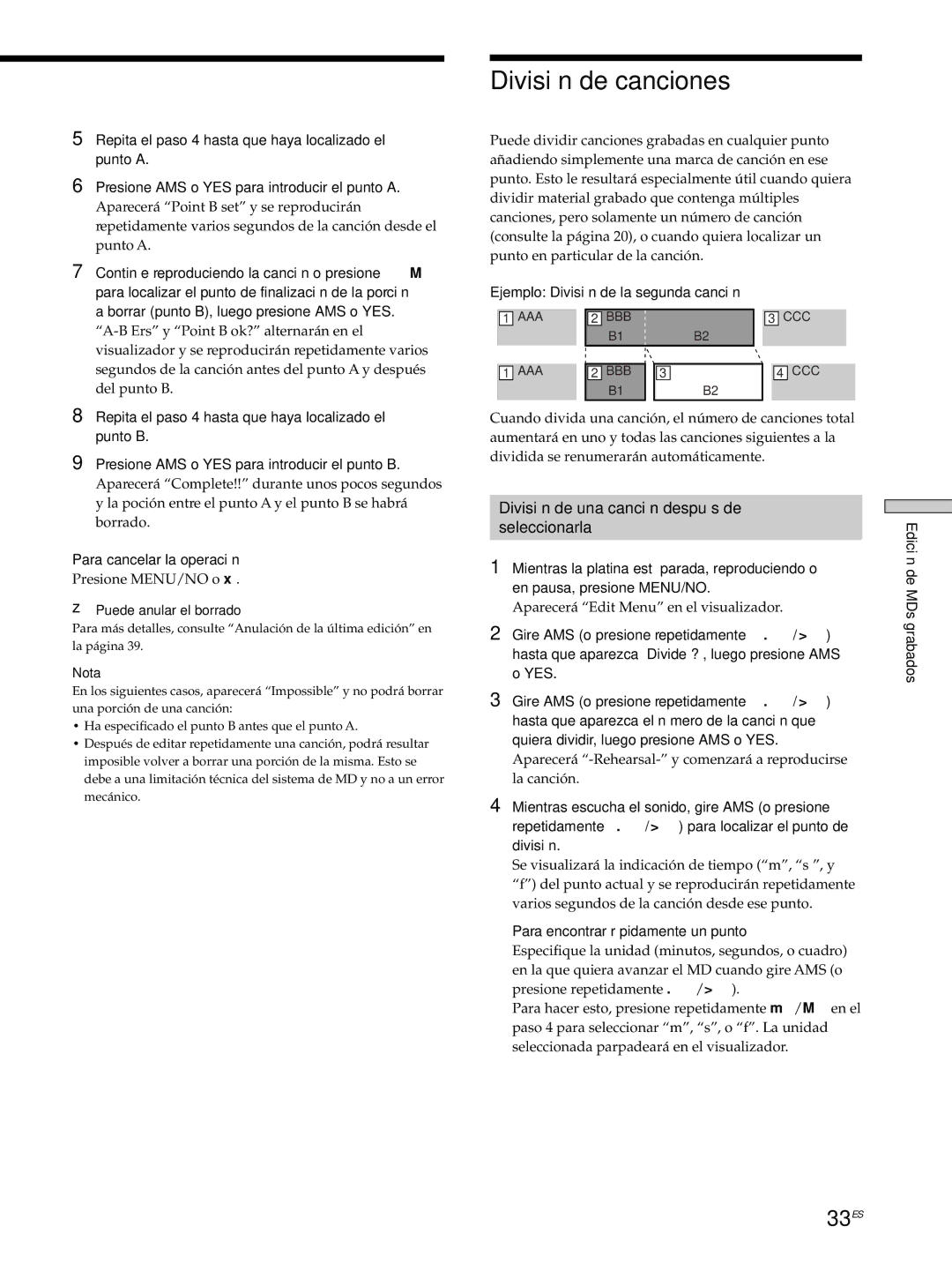 Sony MDS-JE530 manual División de canciones, 33ES, División de una canción después de Seleccionarla 