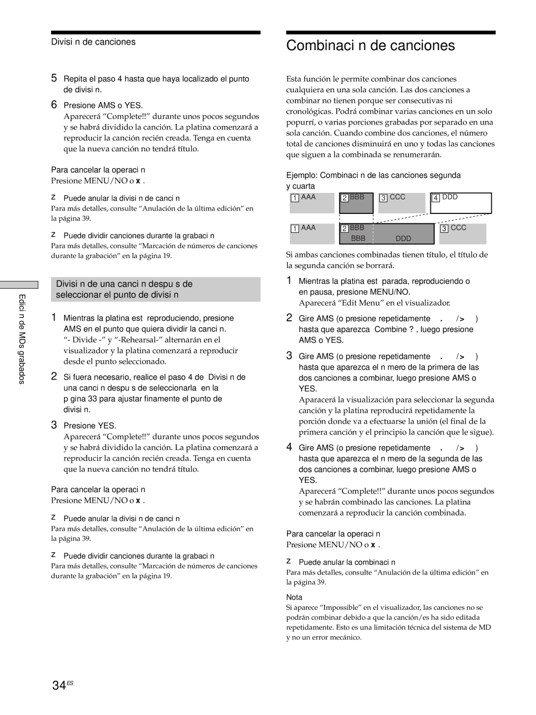 Sony MDS-JE530 Combinación de canciones, 34ES, División de canciones, Ejemplo Combinación de las canciones segunda Cuarta 