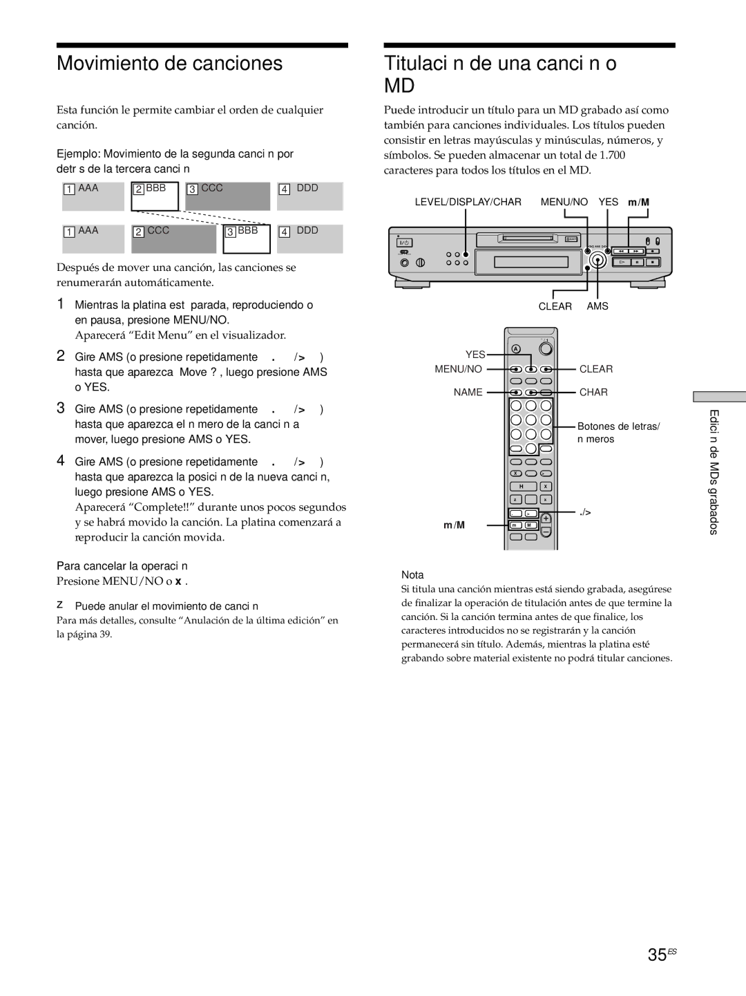 Sony MDS-JE530 manual Movimiento de canciones, Titulación de una canción o, 35ES 