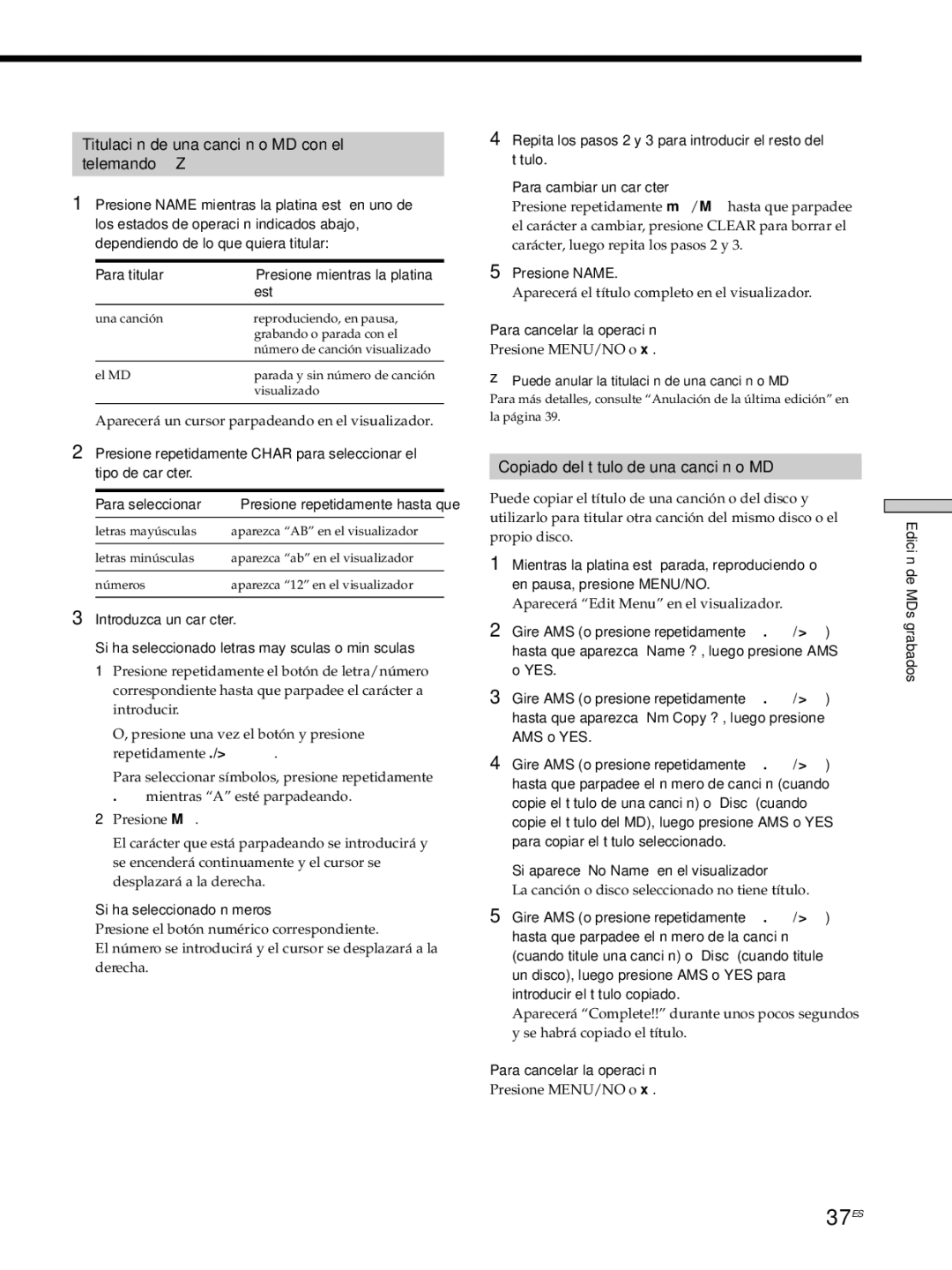 Sony MDS-JE530 manual 37ES, Titulación de una canción o MD con el Telemando Z, Copiado del título de una canción o MD 