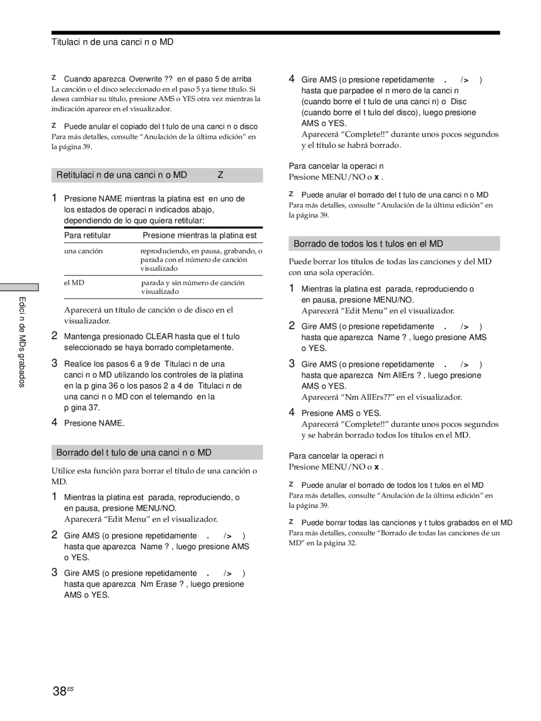 Sony MDS-JE530 manual 38ES, Titulación de una canción o MD, Retitulación de una canción o MD Z 