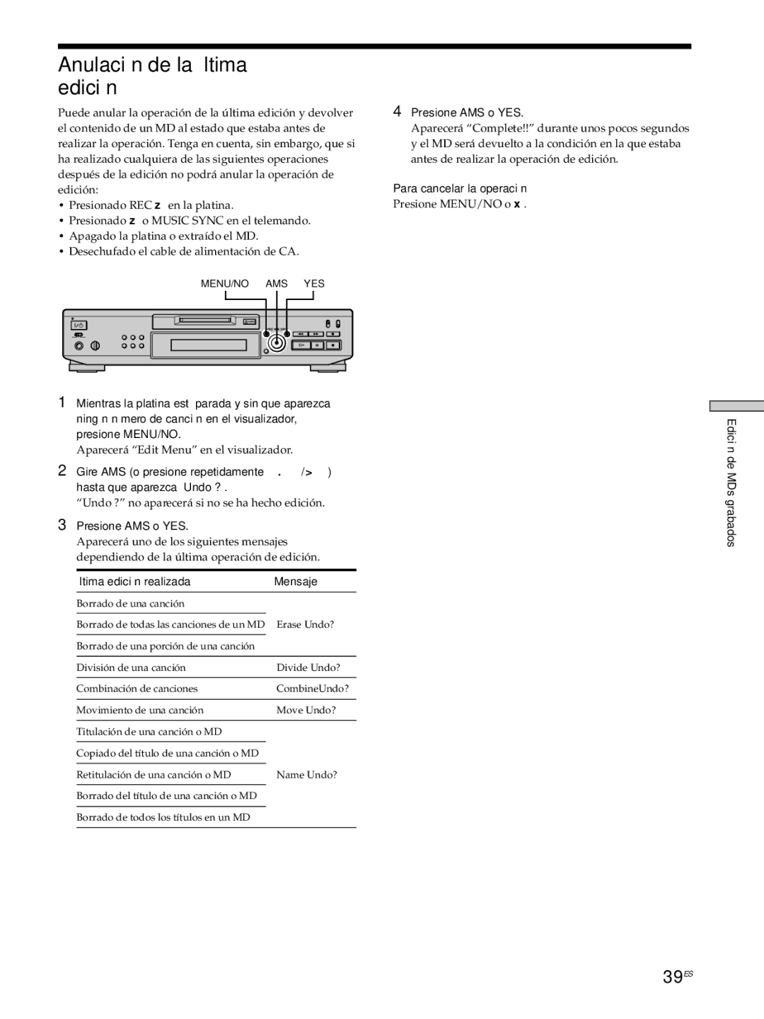 Sony MDS-JE530 manual Anulación de la última edición, 39ES, Undo ? no aparecerá si no se ha hecho edición 