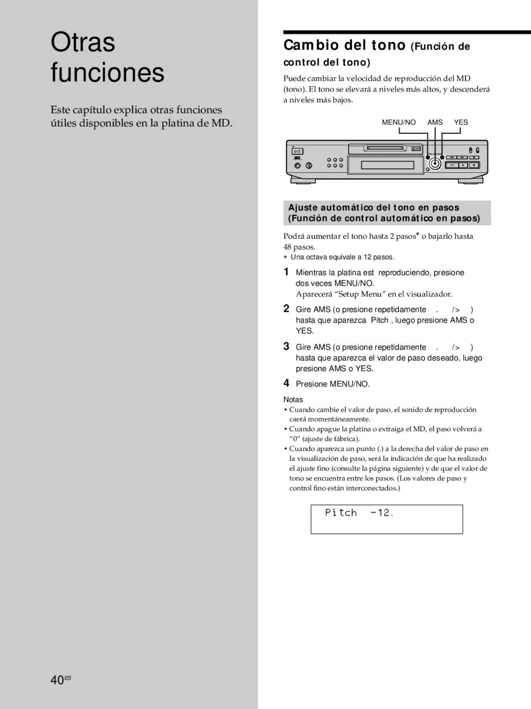 Sony MDS-JE530 manual Cambio del tono Función de, 40ES, Control del tono 