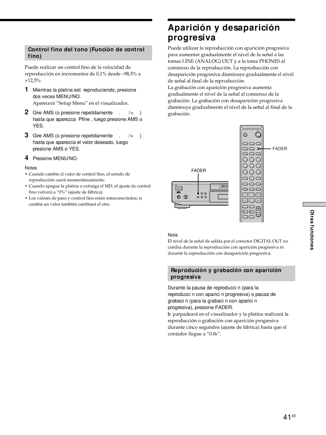 Sony MDS-JE530 Aparición y desaparición progresiva, 41ES, Control fino del tono Función de control Fino, Otras funciones 