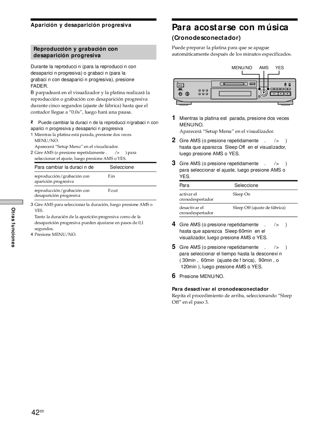 Sony MDS-JE530 manual Para acostarse con música, 42ES, Cronodesconectador, Para cambiar la duración de Seleccione 