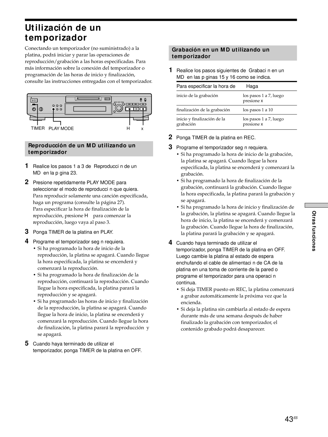 Sony MDS-JE530 manual Utilización de un temporizador, 43ES, Reproducción de un MD utilizando un Temporizador 