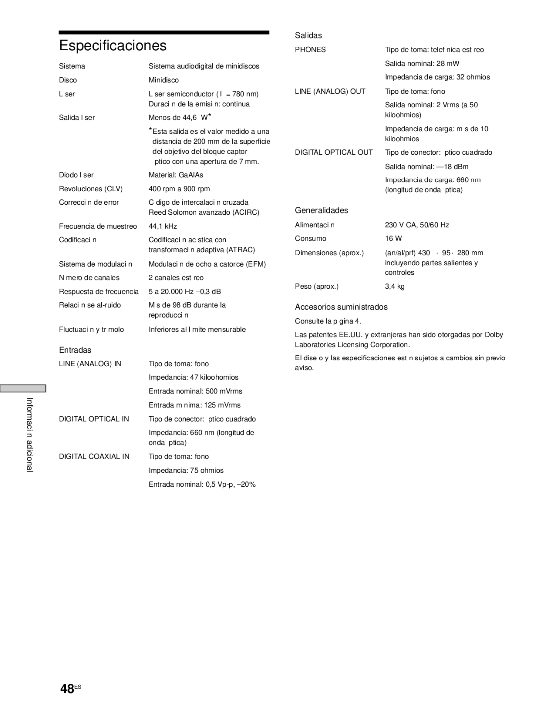 Sony MDS-JE530 manual Especificaciones, 48ES 