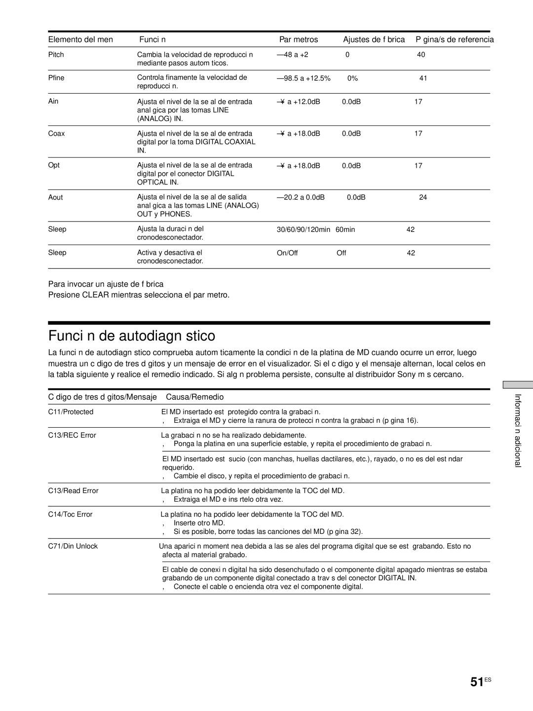 Sony MDS-JE530 manual Función de autodiagnóstico, 51ES, Para invocar un ajuste de fábrica, Causa/Remedio 