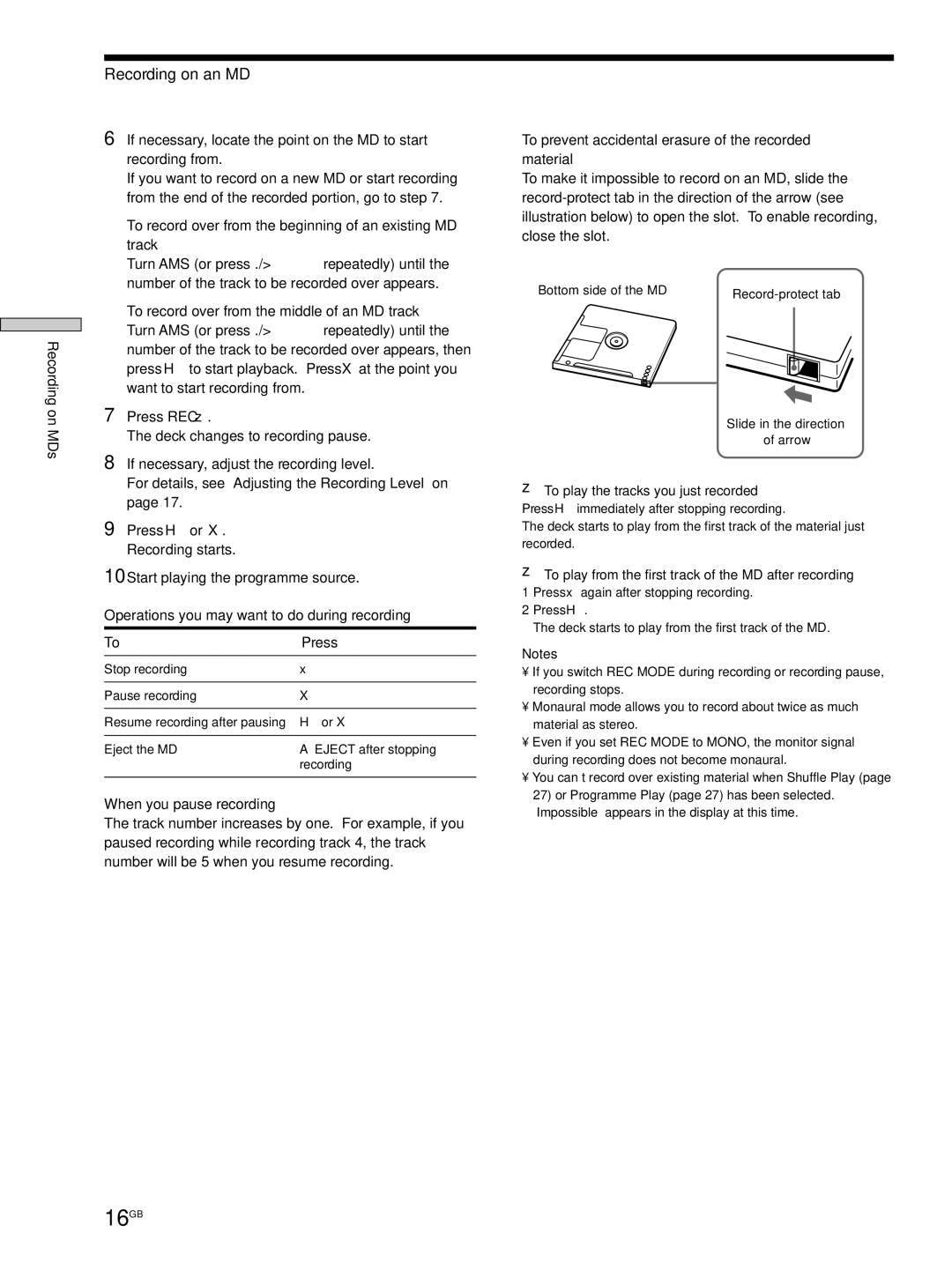 Sony MDS-JE530 manual 16GB, Recording on an MD 