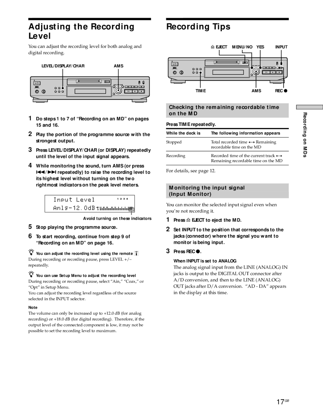 Sony MDS-JE530 manual Adjusting the Recording Level, Recording Tips, 17GB, Checking the remaining recordable time On the MD 