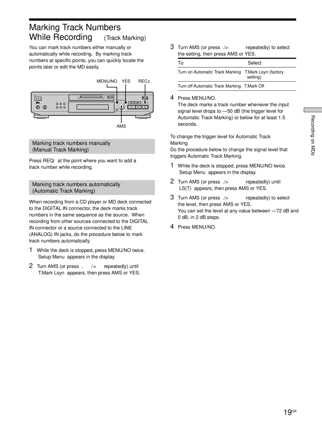 Sony MDS-JE530 manual 19GB, Marking Track Numbers While Recording Track Marking 