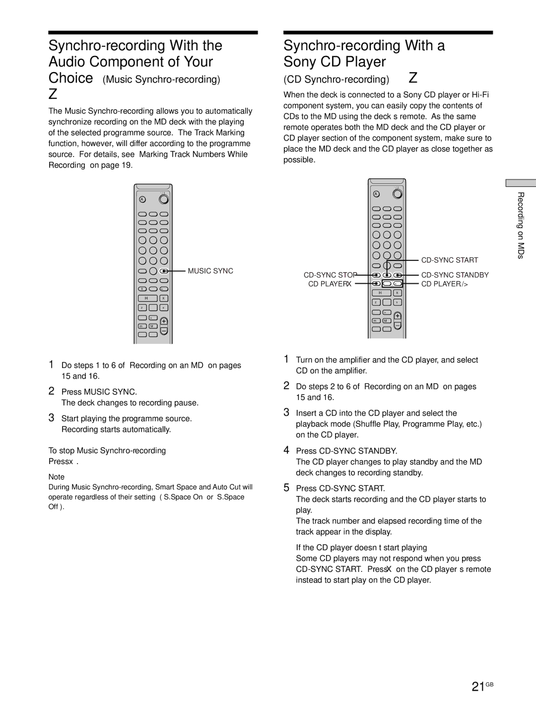 Sony MDS-JE530 manual Synchro-recording With the Audio Component of Your, Synchro-recording With a Sony CD Player, 21GB 