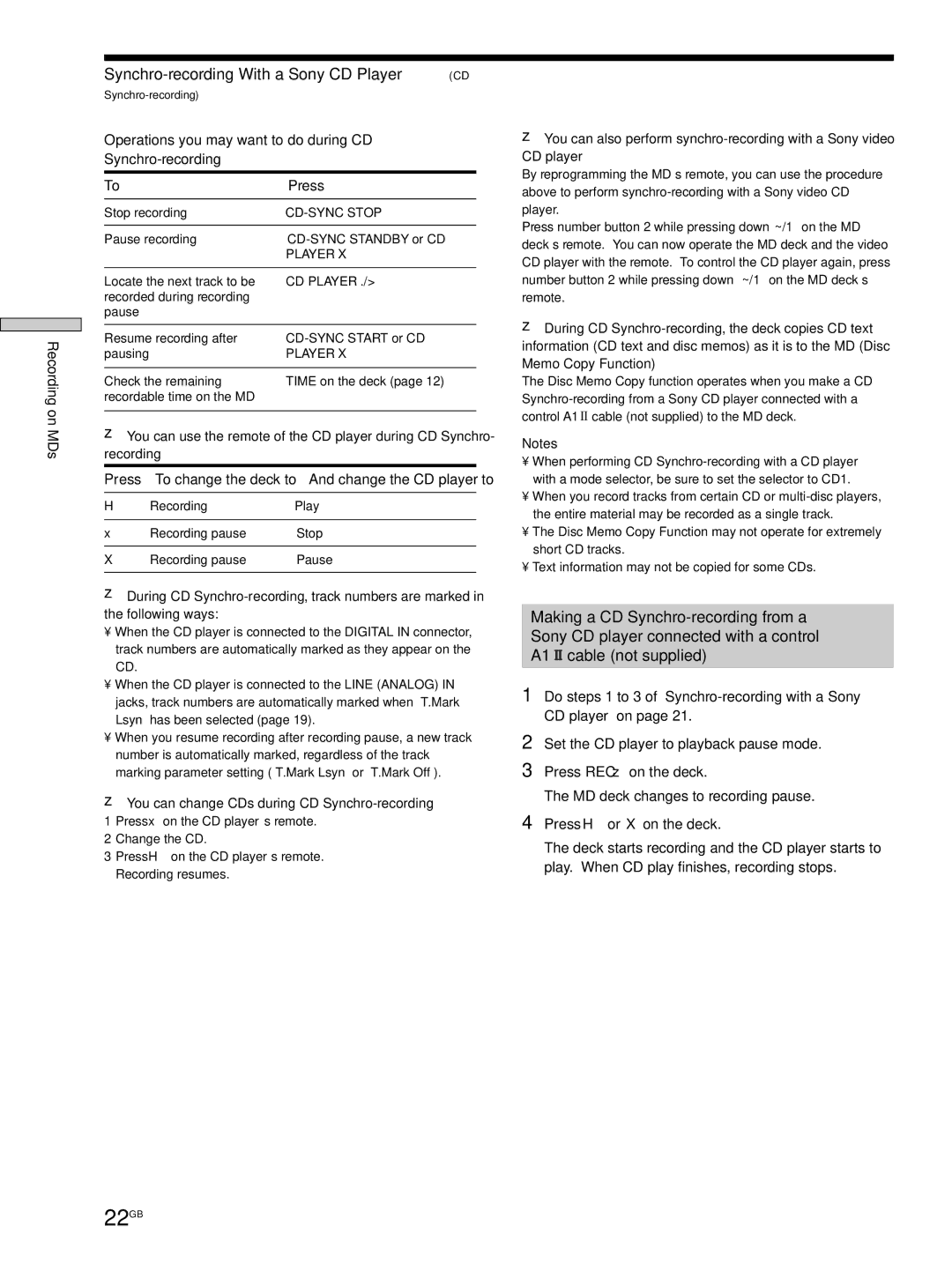 Sony MDS-JE530 manual 22GB, Synchro-recording With a Sony CD Player CD, MD deck changes to recording pause 