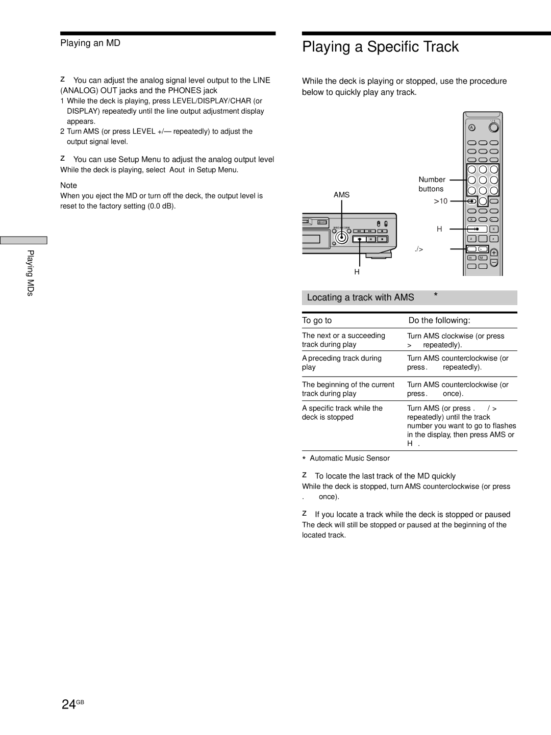 Sony MDS-JE530 manual Playing a Specific Track, 24GB, Playing an MD, Locating a track with AMS, To go to Do the following 