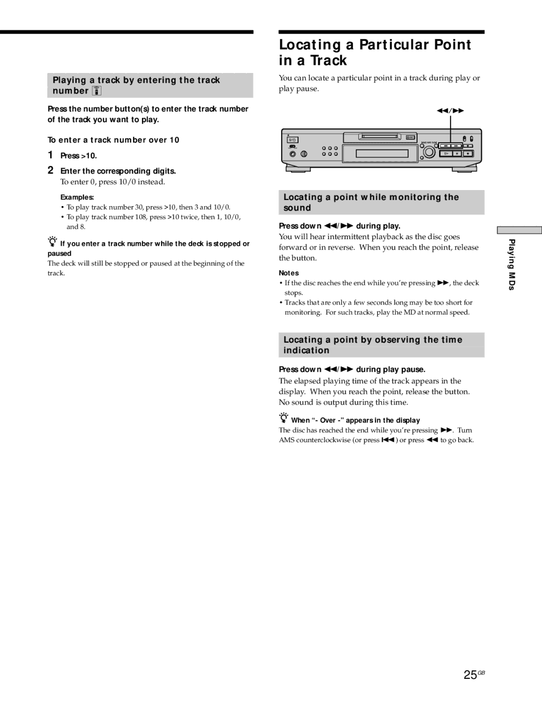 Sony MDS-JE530 manual Locating a Particular Point in a Track, 25GB, Playing a track by entering the track Number Z 