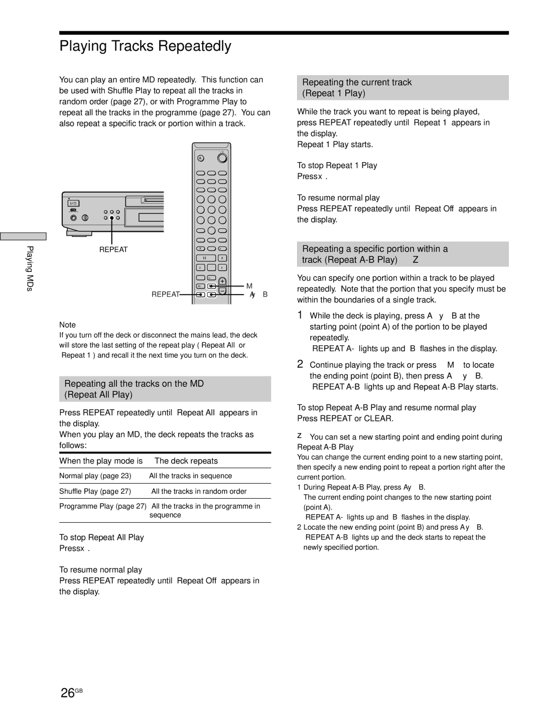 Sony MDS-JE530 manual Playing Tracks Repeatedly, 26GB, Repeating all the tracks on the MD Repeat All Play 