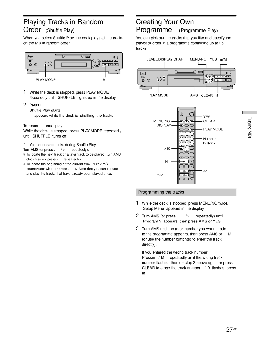 Sony MDS-JE530 manual Playing Tracks in Random, Creating Your Own, 27GB, Order Shuffle Play, Programme Programme Play 