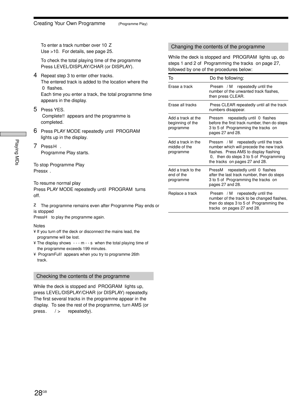 Sony MDS-JE530 manual 28GB, Creating Your Own Programme Programme Play, Checking the contents of the programme 