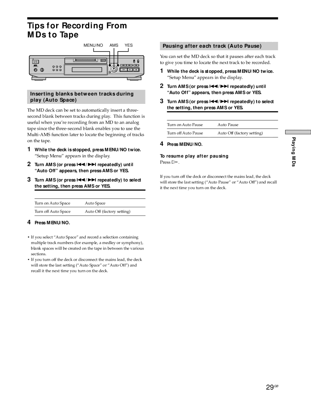 Sony MDS-JE530 manual Tips for Recording From MDs to Tape, 29GB, Inserting blanks between tracks during Play Auto Space 