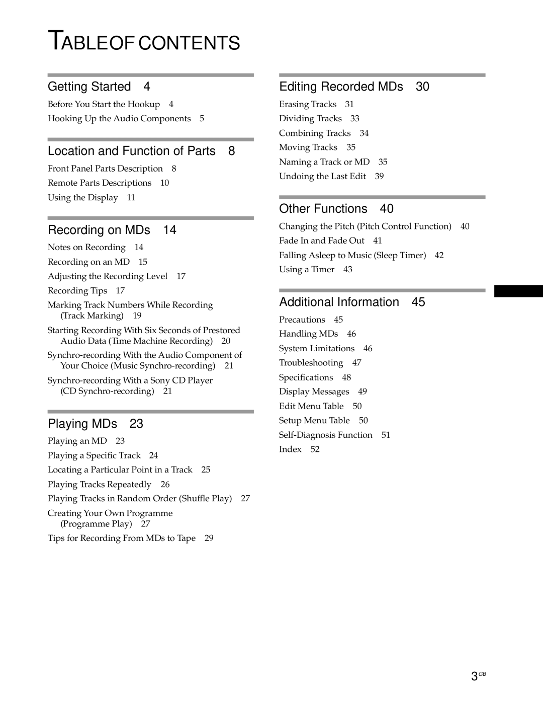 Sony MDS-JE530 manual Table of Contents 