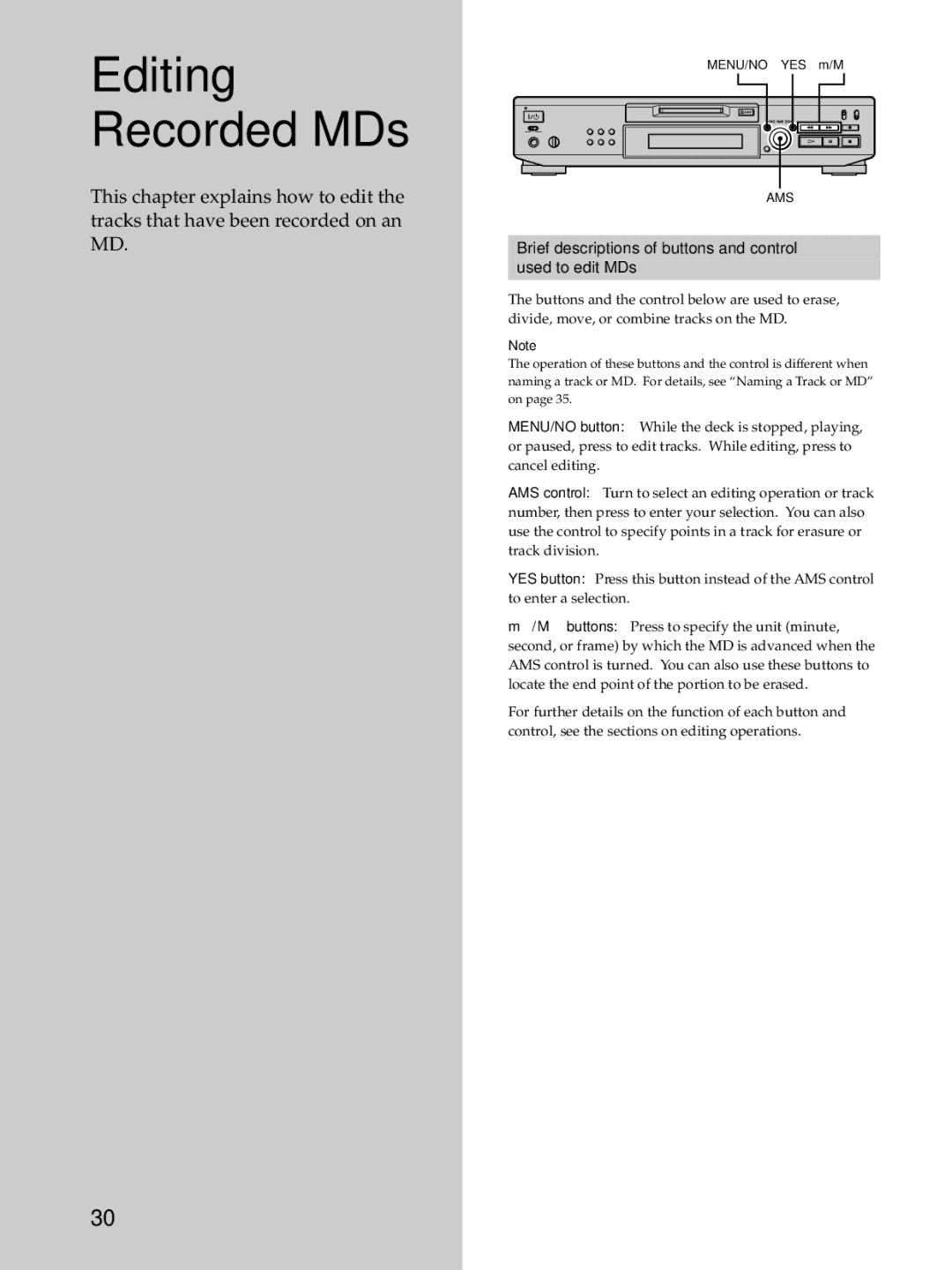 Sony MDS-JE530 manual 30GB, Brief descriptions of buttons and control Used to edit MDs 