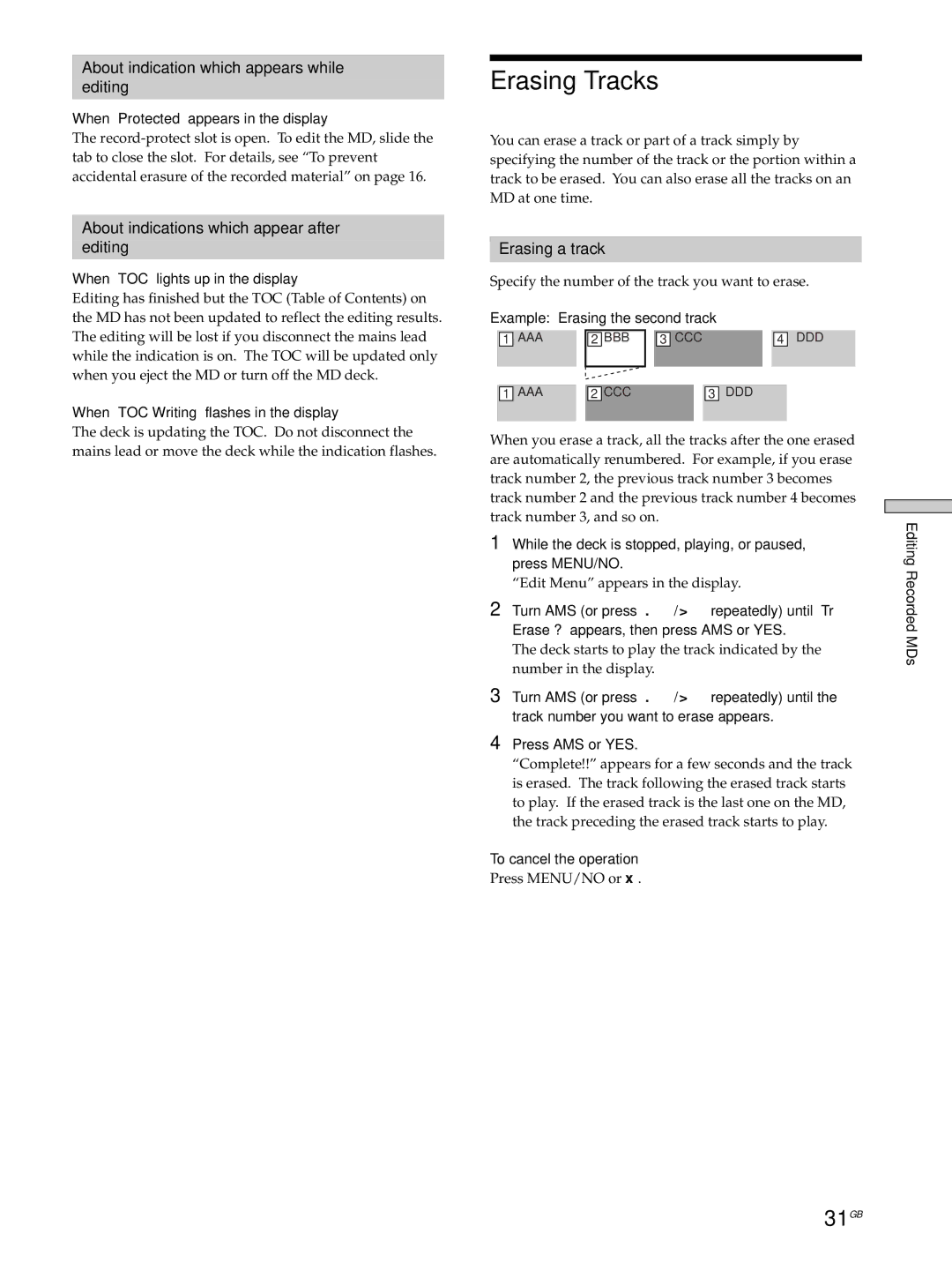 Sony MDS-JE530 manual Erasing Tracks, 31GB, About indication which appears while Editing, Erasing a track 