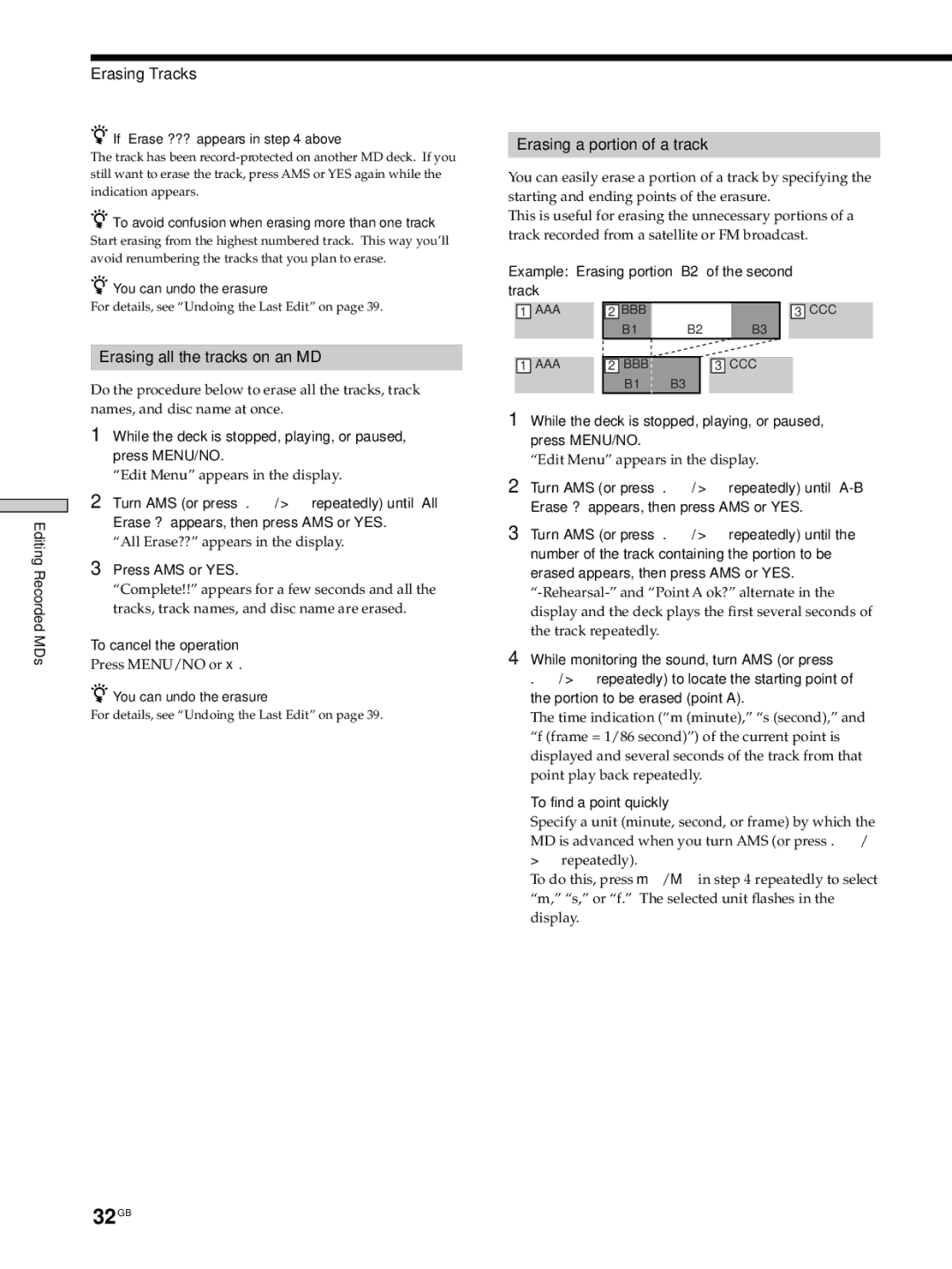 Sony MDS-JE530 manual 32GB, Erasing Tracks, Erasing all the tracks on an MD, Erasing a portion of a track 
