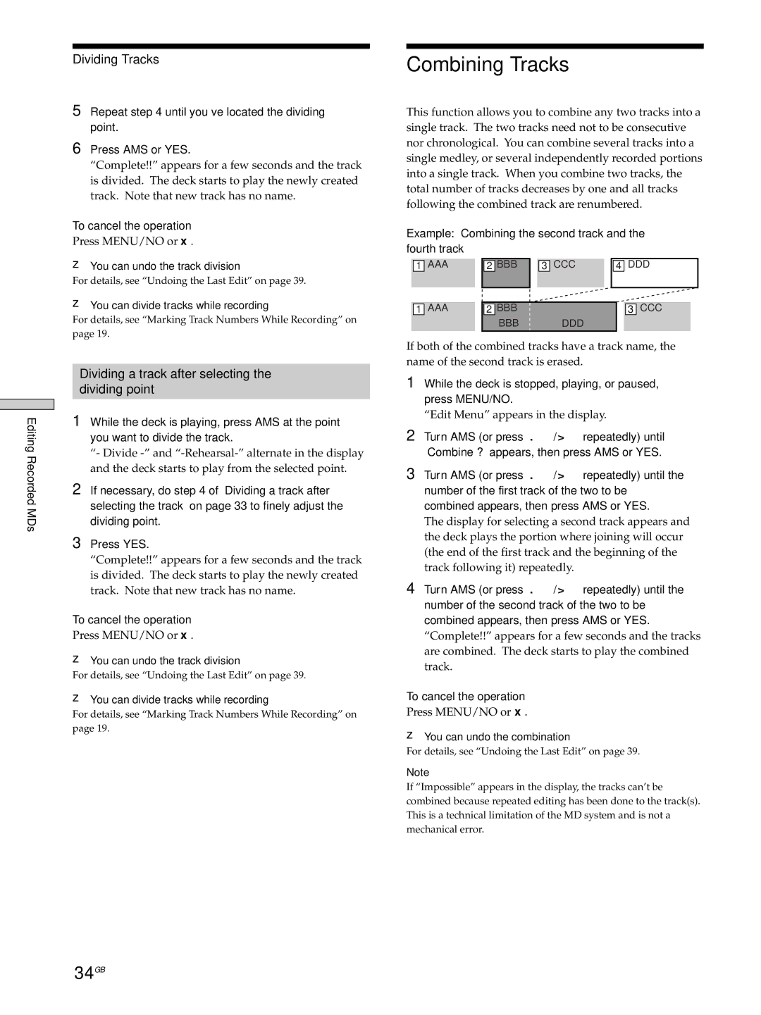 Sony MDS-JE530 manual Combining Tracks, 34GB, Dividing Tracks, Dividing a track after selecting Dividing point 