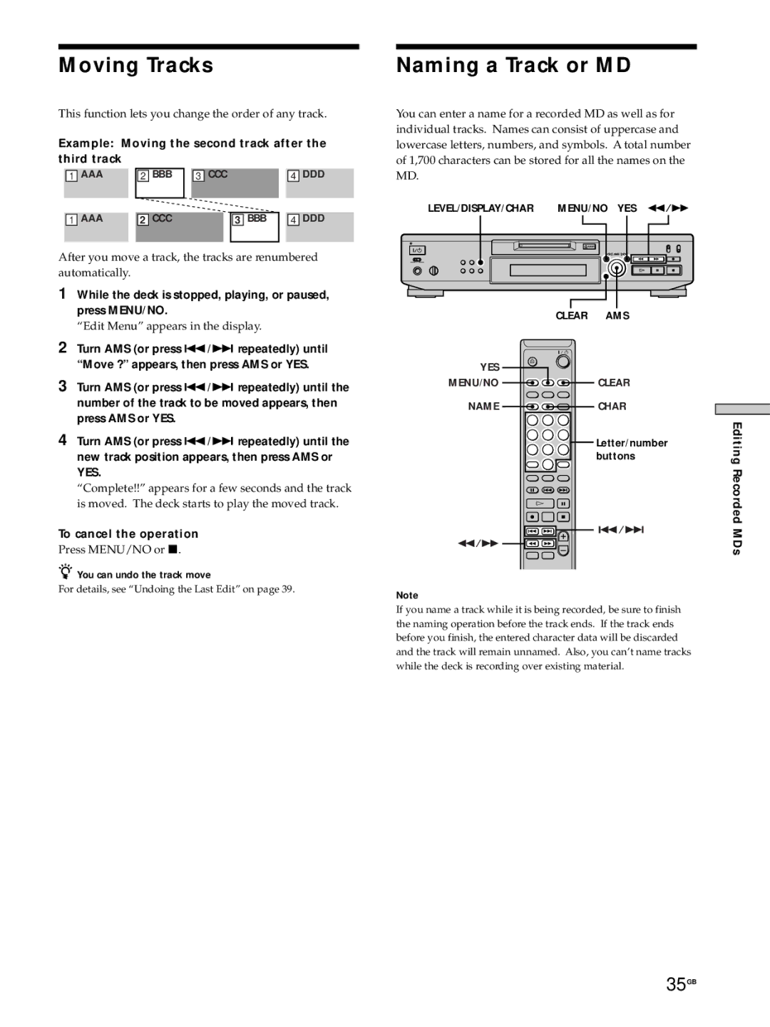 Sony MDS-JE530 manual Moving Tracks, Naming a Track or MD, 35GB 