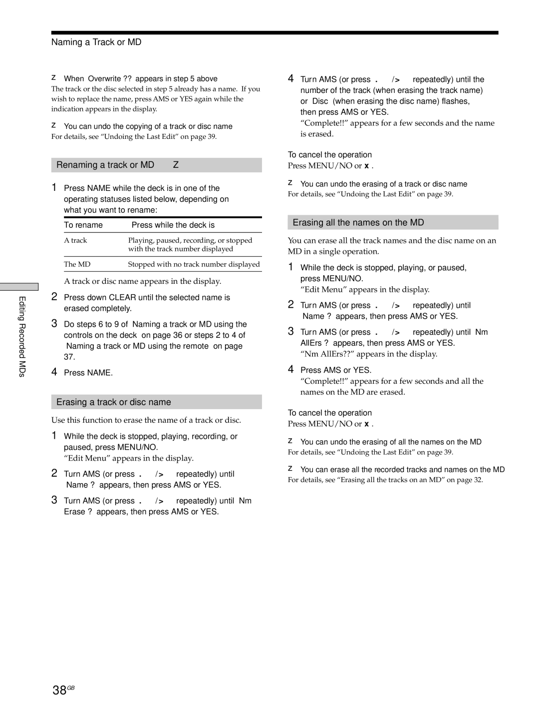 Sony MDS-JE530 manual 38GB, Naming a Track or MD, Renaming a track or MD Z, Erasing a track or disc name 