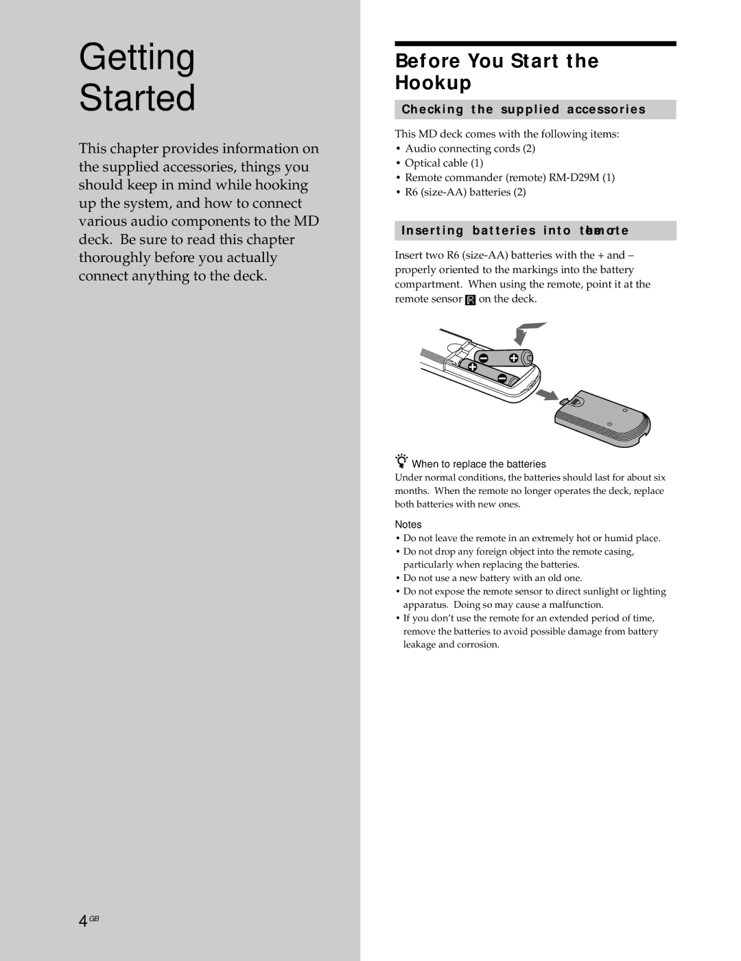 Sony MDS-JE530 manual Getting Started, Before You Start the Hookup, Checking the supplied accessories 