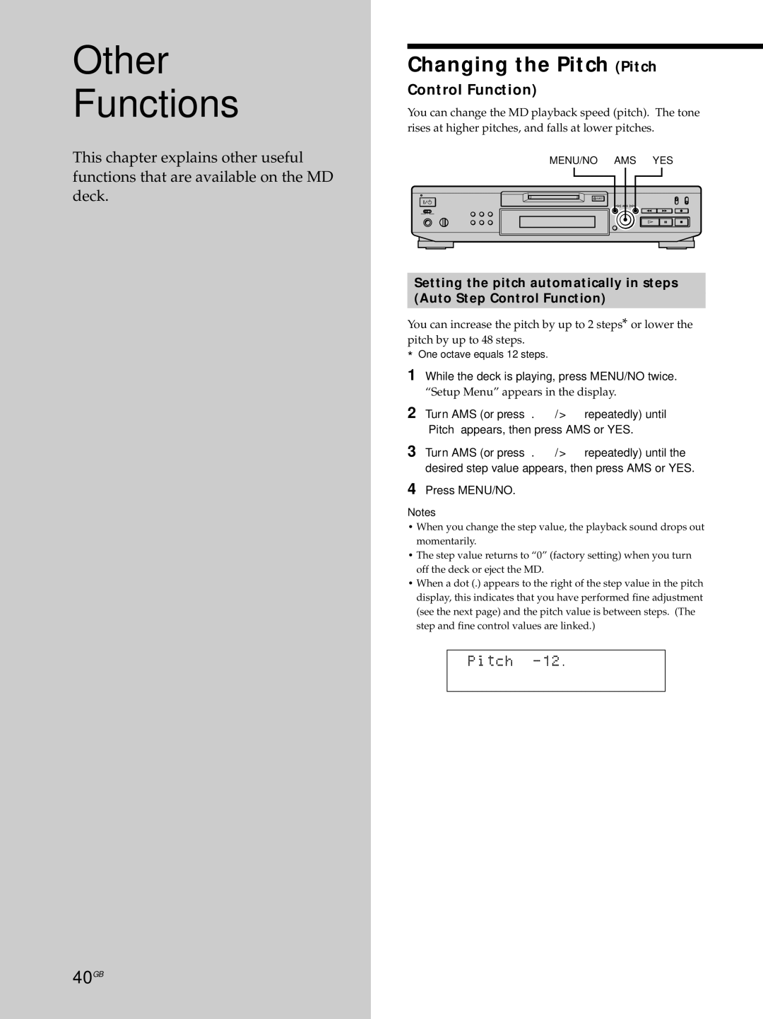 Sony MDS-JE530 manual Other Functions, Changing the Pitch Pitch, 40GB, Control Function 