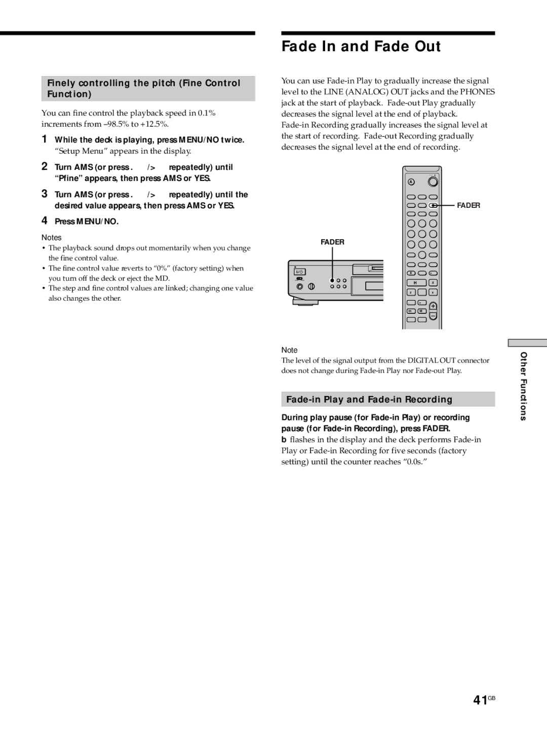 Sony MDS-JE530 manual Fade In and Fade Out, 41GB, Finely controlling the pitch Fine Control Function, Other Functions 