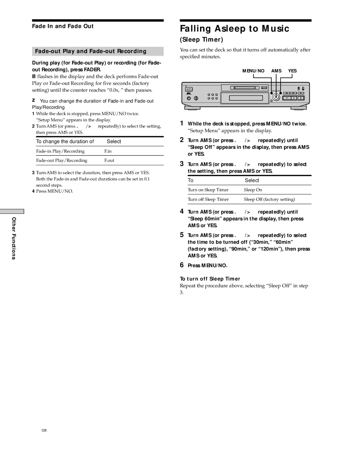 Sony MDS-JE530 manual Falling Asleep to Music, 42GB, Sleep Timer, Fade In and Fade Out Fade-out Play and Fade-out Recording 