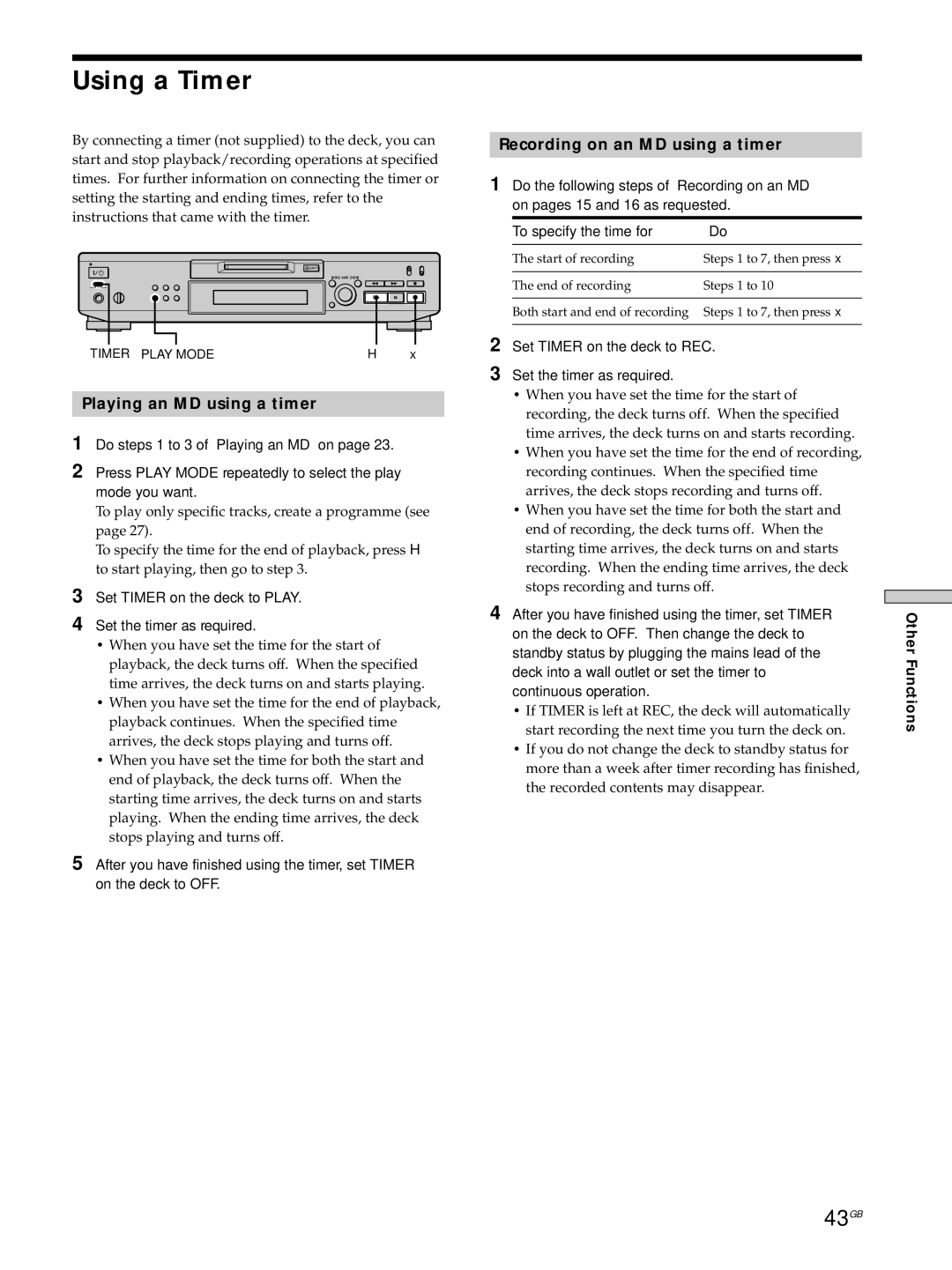 Sony MDS-JE530 manual Using a Timer, 43GB, Playing an MD using a timer, Recording on an MD using a timer 