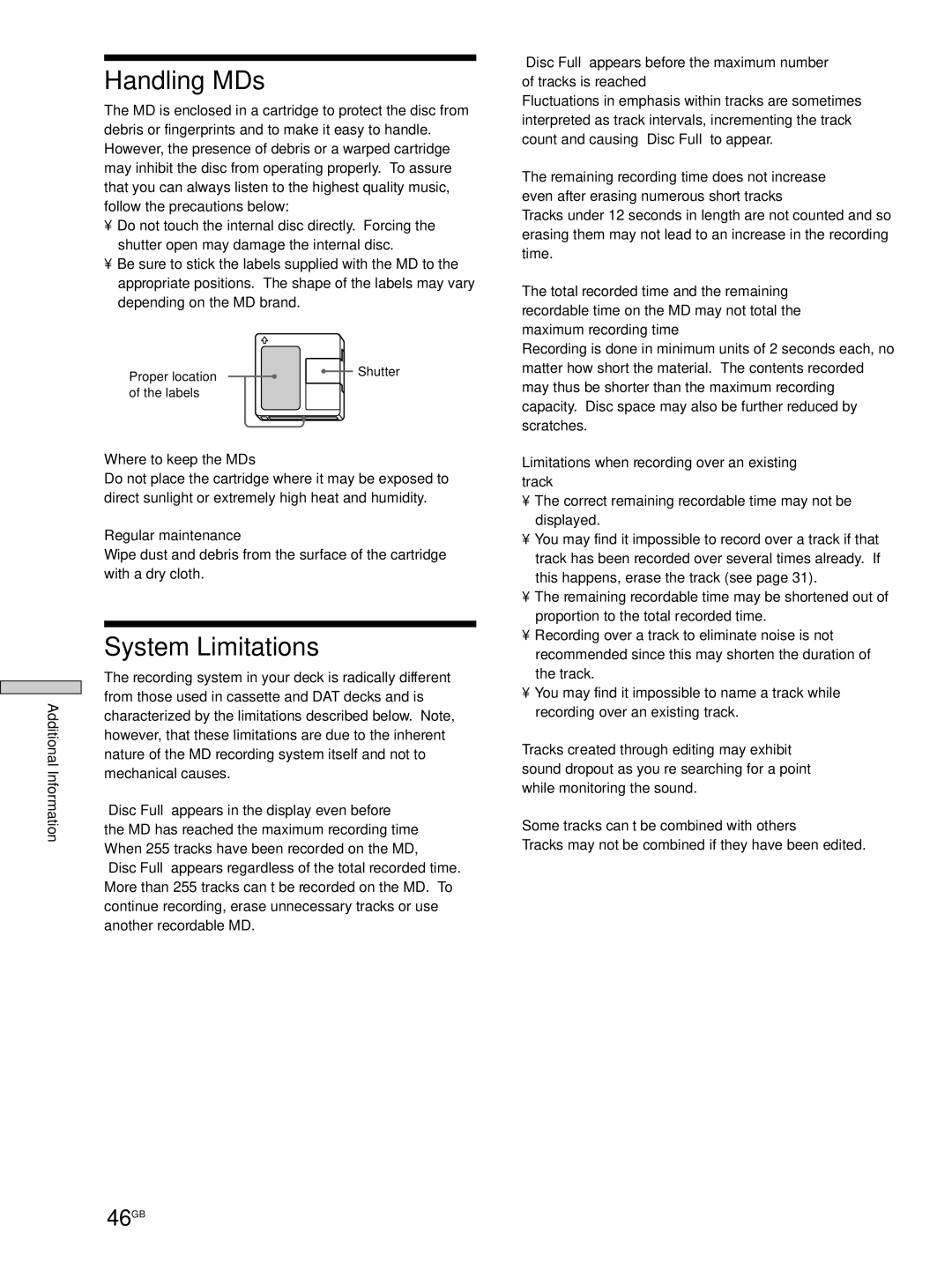 Sony MDS-JE530 manual Handling MDs, System Limitations, 46GB 