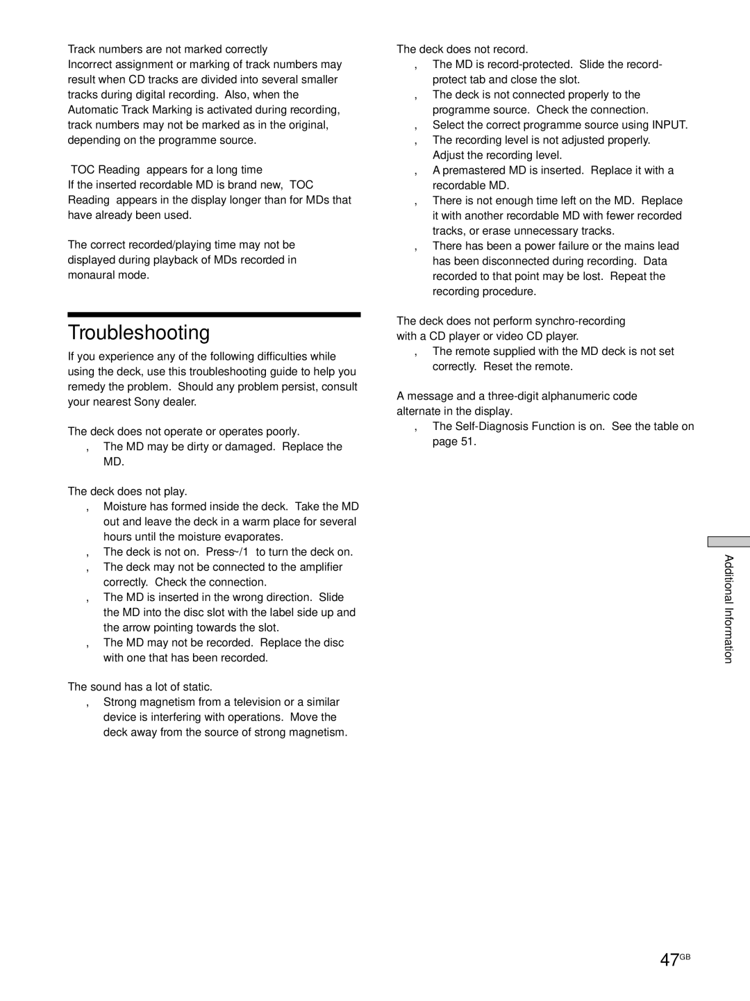 Sony MDS-JE530 manual Troubleshooting, 47GB 