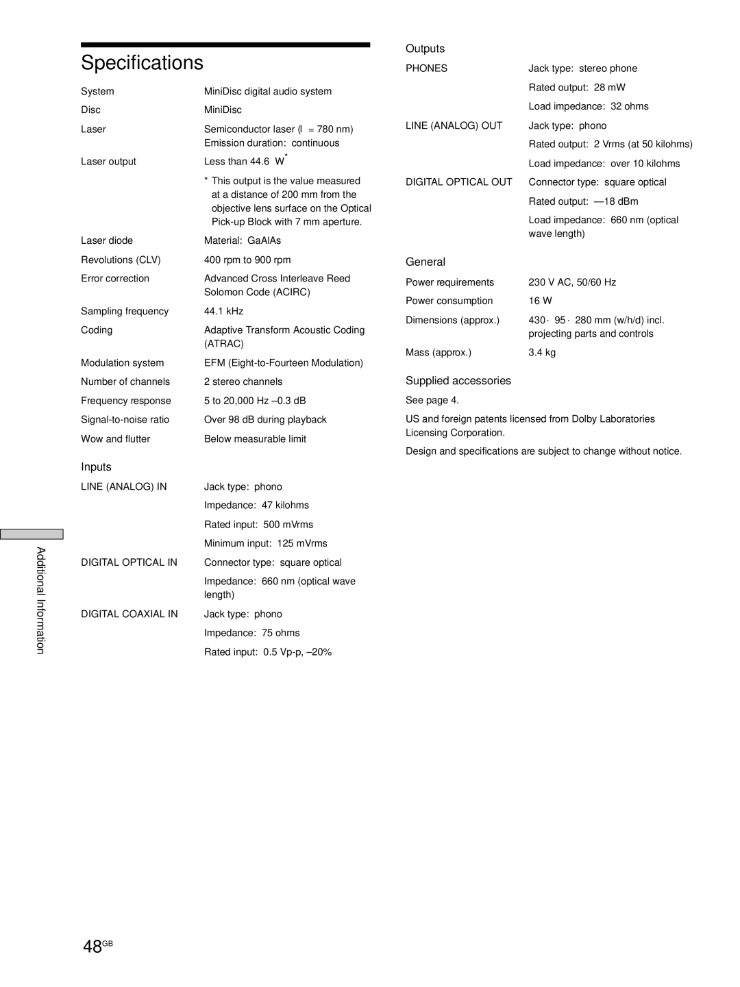 Sony MDS-JE530 manual Specifications, 48GB 