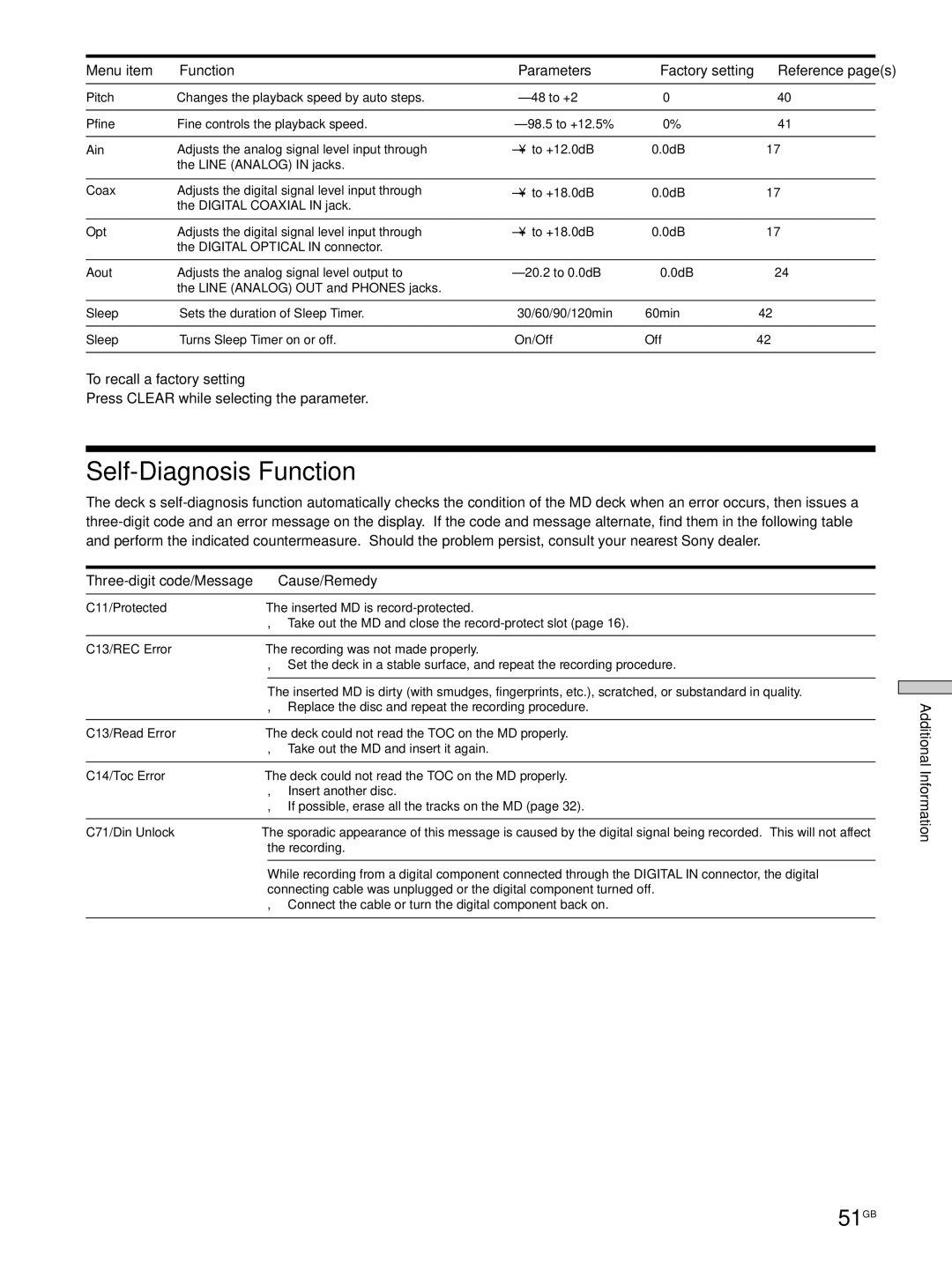 Sony MDS-JE530 manual Self-Diagnosis Function, 51GB, To recall a factory setting, Press Clear while selecting the parameter 