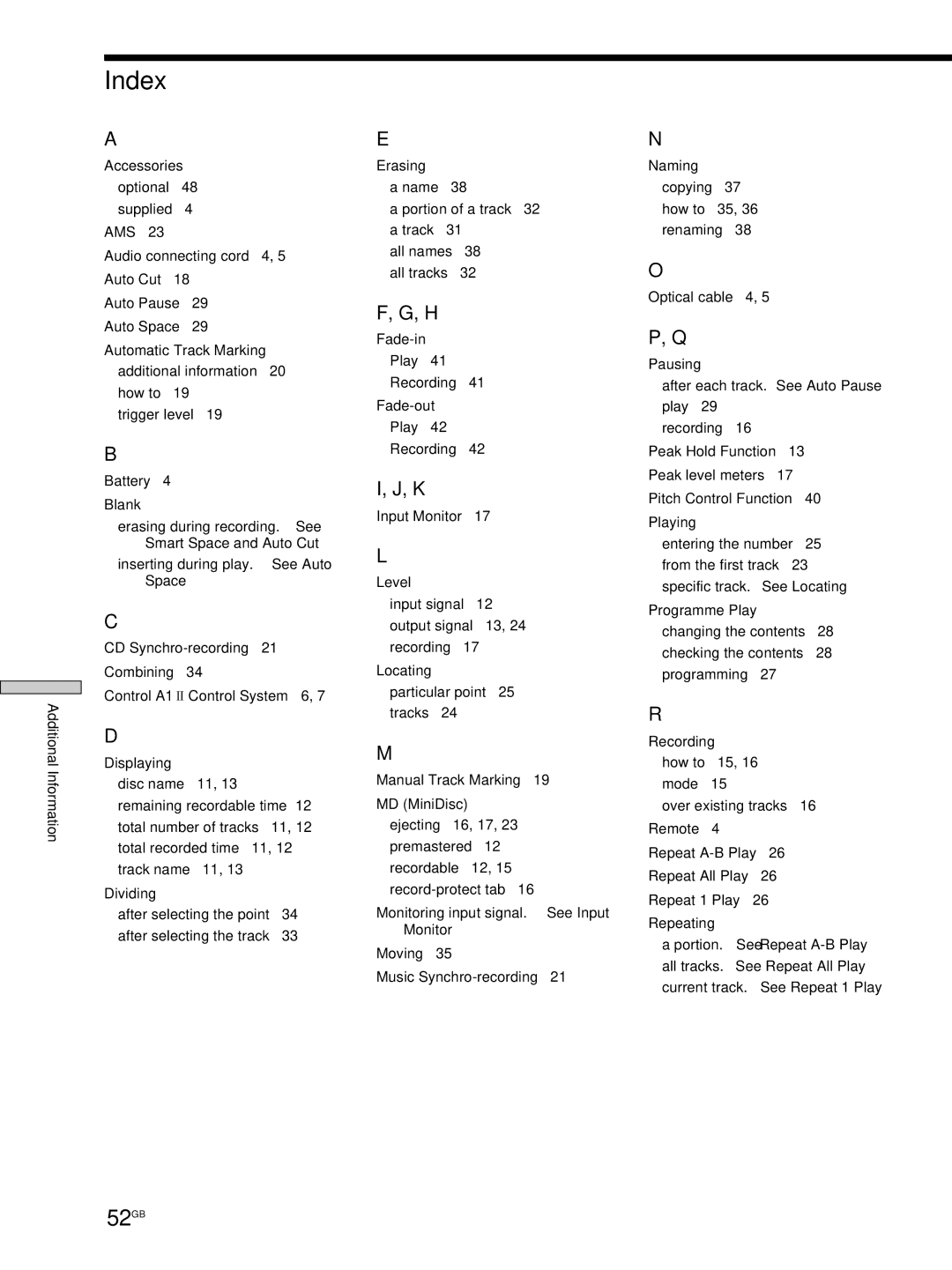 Sony MDS-JE530 manual Index, 52GB 