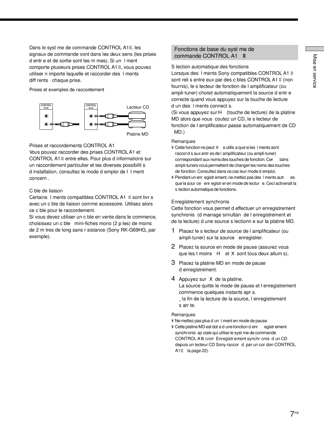 Sony MDS-JE530 Fonctions de base du système de commande Control A1, Prises et raccordements Control A1, Câble de liaison 